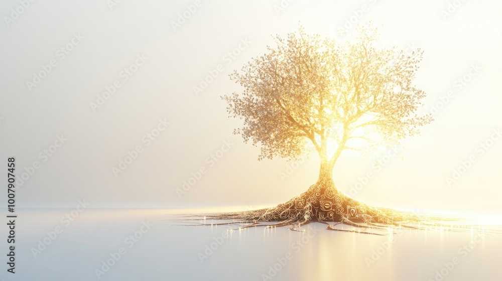 Poster a glowing abstract knowledge tree with roots forming intricate symbols and branches reaching upward,