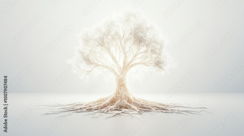 Poster a glowing abstract knowledge tree with roots forming intricate symbols and branches reaching upward,