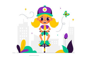 XPogo Stick Jumping Sport Vector Illustration in Outdoor Playful Scene in a Flat Style Cartoon Background