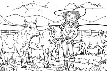 A cheerful young girl with long hair and a cowboy hat stands with cows on a farm, surrounded by lush greenery and mountains.