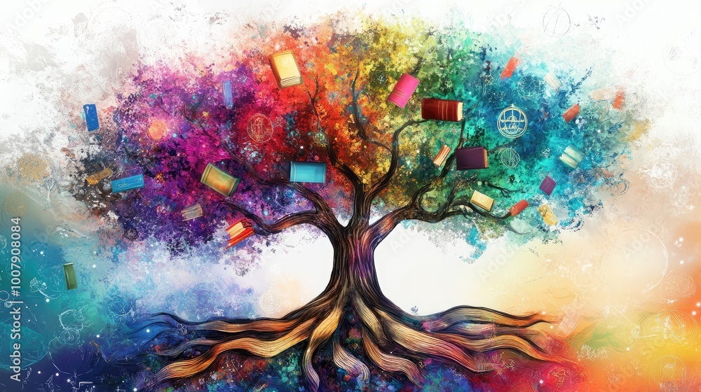Poster a vibrant, abstract tree with intricate branches representing knowledge, roots intertwining with col
