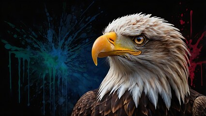 Fototapeta premium digital artwork featuring a bald eagle with a strikingly detailed and realistic appearance, showcasing its sharp, hooked yellow beak and piercing golden eyes