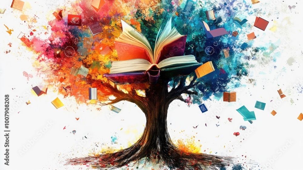 Aufkleber a vibrant, abstract tree with intricate branches representing knowledge, roots intertwining with col