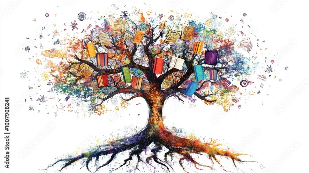 Aufkleber a vibrant, abstract tree with intricate branches representing knowledge, roots intertwining with col