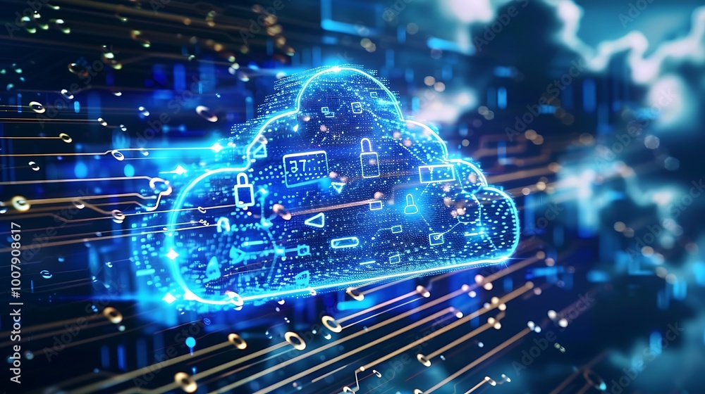 Poster digital representation of a cloud symbolizing cloud computing with abstract technology elements.