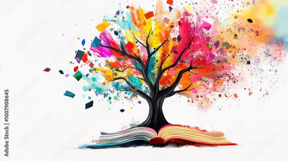 Poster an abstract knowledge tree with colorful branches spreading out into symbols of education, creating 