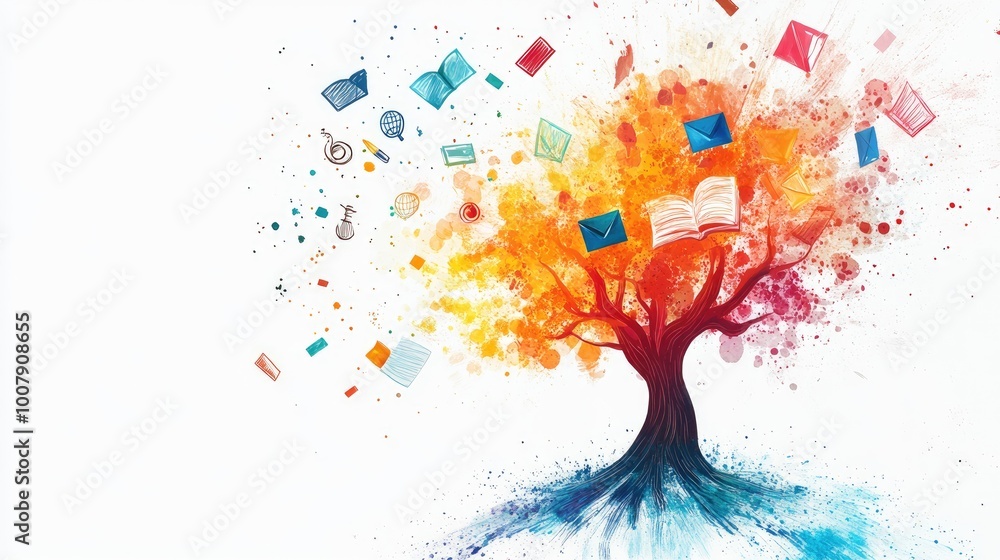 Poster an abstract knowledge tree with colorful branches spreading out into symbols of education, creating 