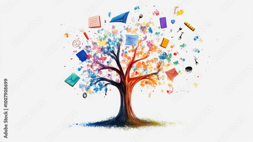 Aufkleber an abstract knowledge tree with colorful branches spreading out into symbols of education, creating 