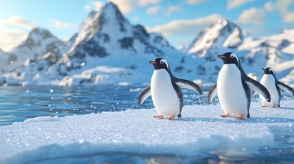 Obraz premium Realistic 3D penguins sliding on ice with a snowy mountain background, perfect for a cool-themed design.
