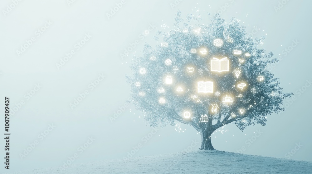 Poster an abstract tree representing knowledge, with branching pathways filled with glowing icons and text,