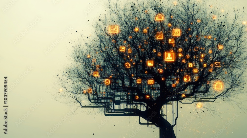 Poster an abstract tree representing knowledge, with branching pathways filled with glowing icons and text,