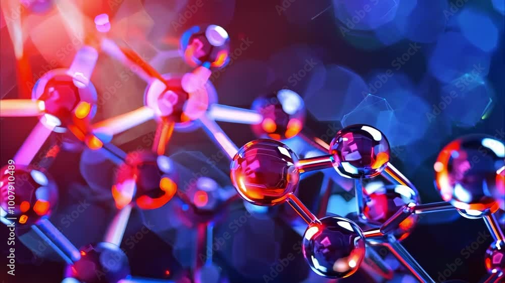 Poster a vibrant, abstract representation of molecular structures with colorful spheres and connecting line