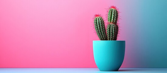 Two green cactus plants with red tips in a blue pot against a pink and blue gradient background.