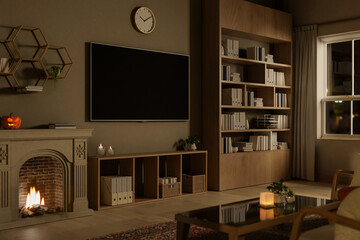 The interior design of a contemporary living room on Halloween night.