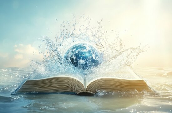 An open book with pages turning into water, splashing out of the page and forming an earth