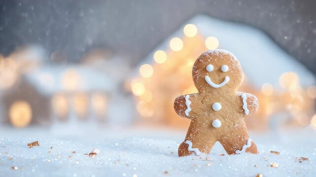 A cheerful gingerbread man stands in the snow, surrounded by falling flakes and a softly illuminated Christmas backdrop