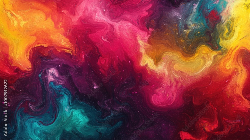 Poster bright and multicolored abstract patterns swirl together in an energetic composition