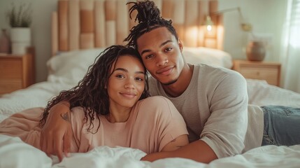 A young couple lying in bed looking at the camera with smiles on their faces.