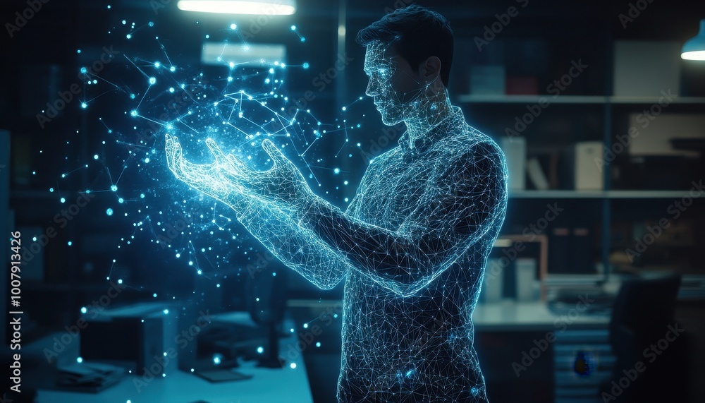 Aufkleber a man composed of digital lines reaching out to a network of data