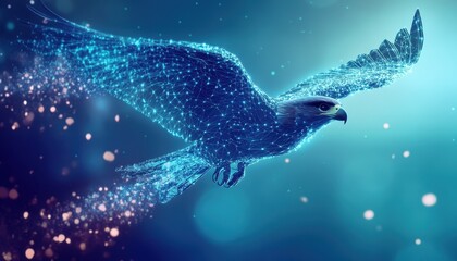 A Wireframe Eagle in Flight with Glowing Blue Lines and Points