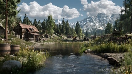 Fototapeta premium Rustic Cabin by a Tranquil River