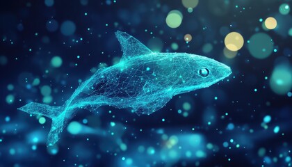 Fototapeta premium Abstract Digital Wireframe of a Shark Swimming in a Blue Bokeh Background