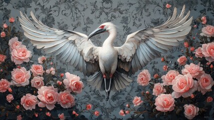 ** Elegant White Bird with Outstretched Wings Surrounded by Pink Roses on Ornate Floral Background..**