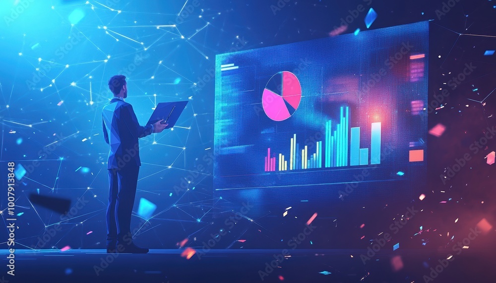 Aufkleber businessman analyzing data on a large screen with graphs and charts