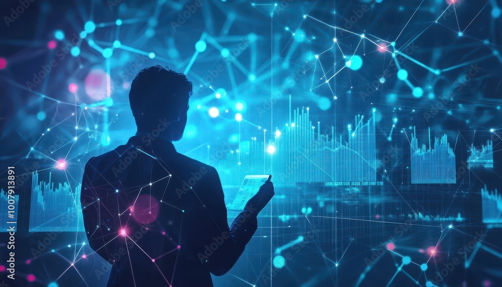 Aufkleber silhouette of a person interacting with a digital network and data visualizations