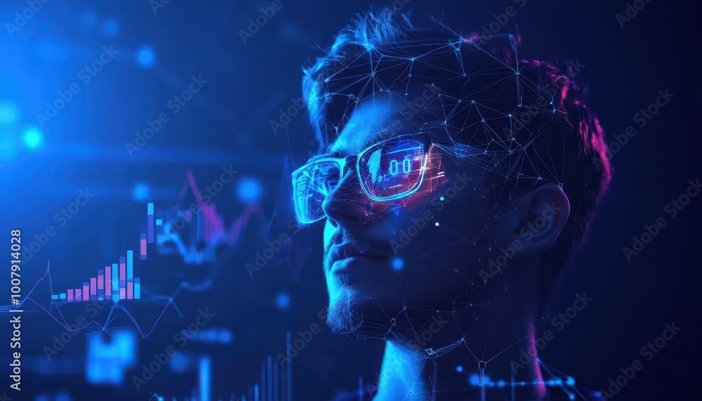 Poster a man's face intertwined with a digital network, illuminated by blue and pink lights, with charts an