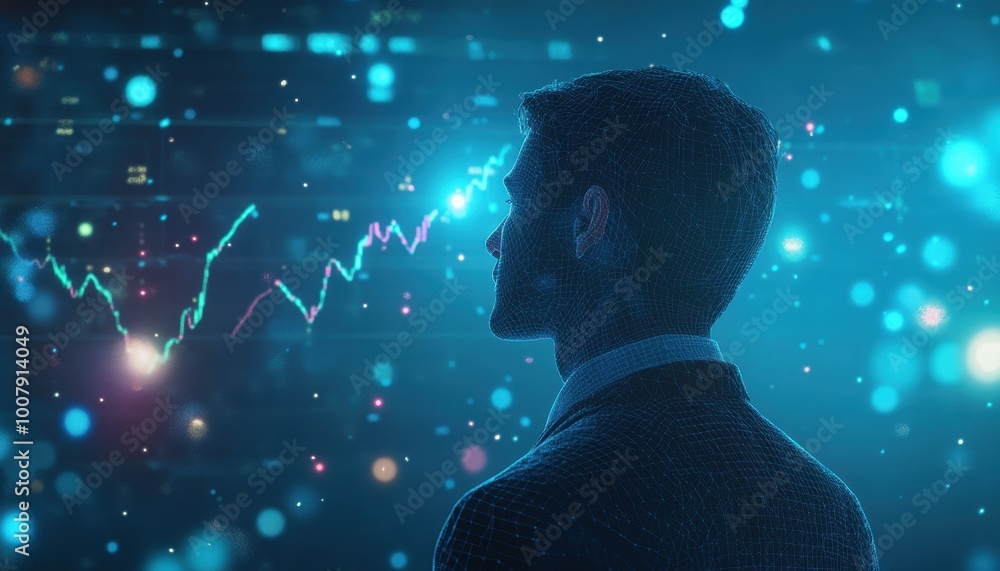 Poster wireframe man looking at a stock market graph with bokeh lights