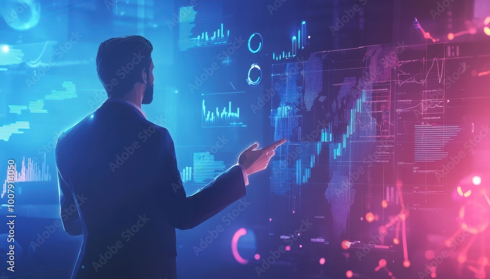 Aufkleber Man Interacting with Digital World Map and Data Visualizations