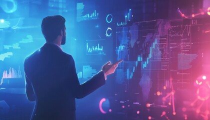 Man Interacting with Digital World Map and Data Visualizations