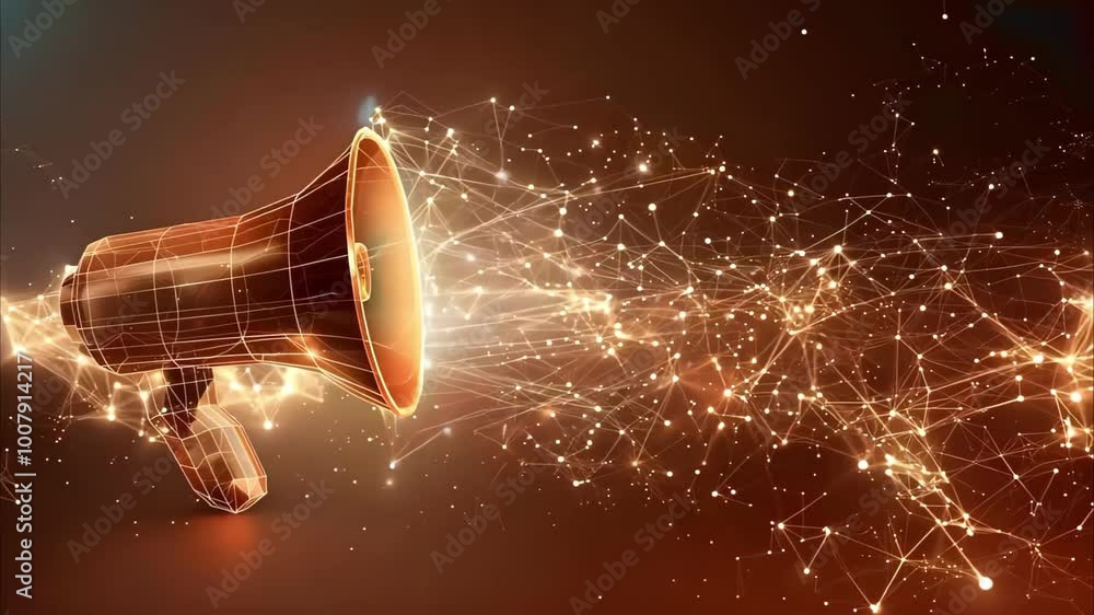 Poster a digital representation of a megaphone emitting lines and particles, symbolizing communication and 