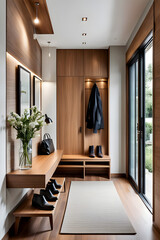 Interior stylish modern wooden entrance hallway decor with cozy wooden tone, contemporary home with furniture desk, stand and shoe bench. ai