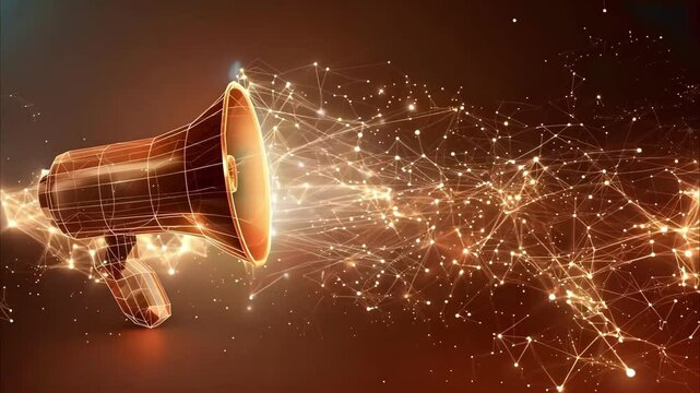 A digital representation of a megaphone emitting lines and particles, symbolizing communication and sound.