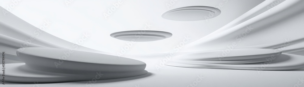 Poster White Abstract Background with Curved Platforms and Draped Fabric