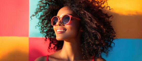 Vibrant Woman with Curly Hair and Sunglasses Smiling in Colorful Sunlit Setting