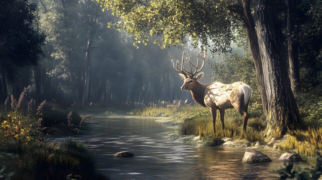 Majestic Deer by the River in the Forest