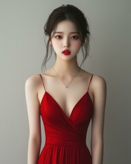 Fototapeta premium A charming Japanese girl shows off her natural beauty in a red side slit dress, glowing with professional lighting.