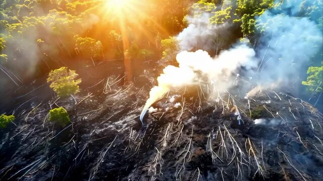 A deforested area with tree stumps, smoke rising, and sunlight shining through the trees, highlighting environmental destruction.