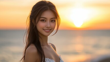 A stunning woman in a white dress, her long brown hair flows gently as she gazes into a tranquil blue seaside sunset.