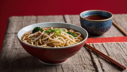 Chinese noodles with shrimp and vegetables served with side soup