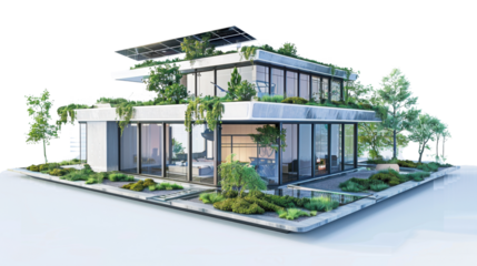Smart home with solar panels and a garden roof, futuristic eco-friendly design on transparent background