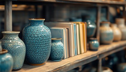 Blue ceramic vases and books on a wooden shelf.