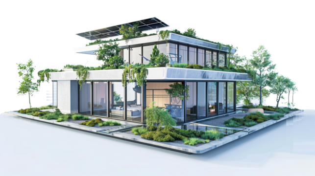 Smart home with solar panels and a garden roof, futuristic eco-friendly design on transparent background