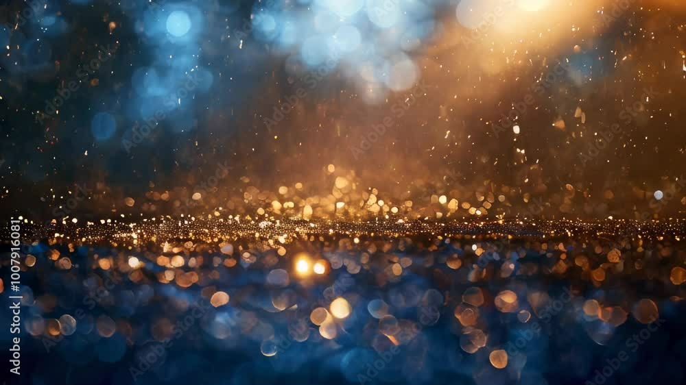 Poster a dazzling display of glittering lights and bokeh effect on a gradient blue background, evoking a fe