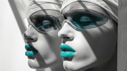 Women wearing sunglasses and turquoise lipstick in black and white
