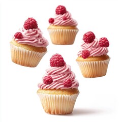 Flying raspberry cupcakes, isolated against a white background, adding a playful and dynamic touch.