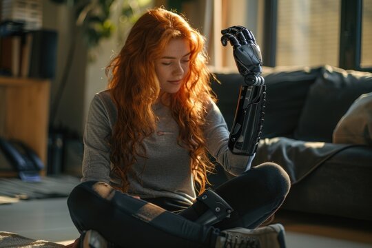 Young Woman with Prosthetic Arm in Sunlit Living Room: Inspiring Vision of Modern Technology and Human Resilience
